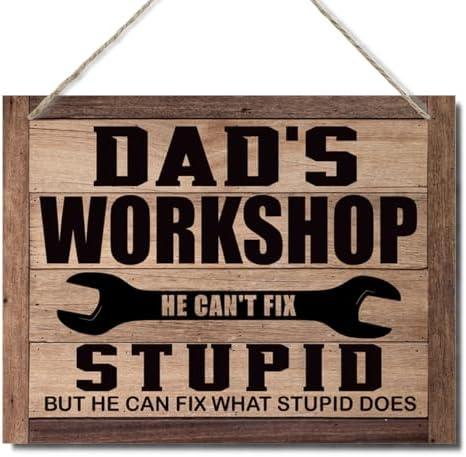 Dad's Workshop Sign, Decorative Hanging Wood Plaque for Wall, Woodworking Decor, Workshop Garage Decor, Funny Garage Decor Signs, Dad Birthday Gift, Father's Day Gift for Dad from Daughter Son, 2 Pack