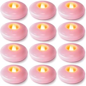 Homemory 12 Pack 3 Flameless Led Floating Candles, 200 Hour Pink Battery Operate Waterproof Tealights for Cylinder Vases, Centerpieces at Wedding Decor, Party, Pool