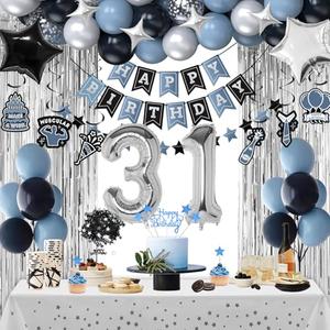 31st Birthday Decorations, Dusty Blue 31 Birthday Decorations for Men Women, Blue Sliver Black Birthday Party Decor with Happy Birthday Banner, Number Balloons, Foil Balloons, Swirl