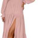 ZESICA Women's 2025 Boho Sexy Off Shoulder Long Sleeve Smocked High Waist Side Split Flowy A Line Tiered Long Maxi Dress, Size L, Pink