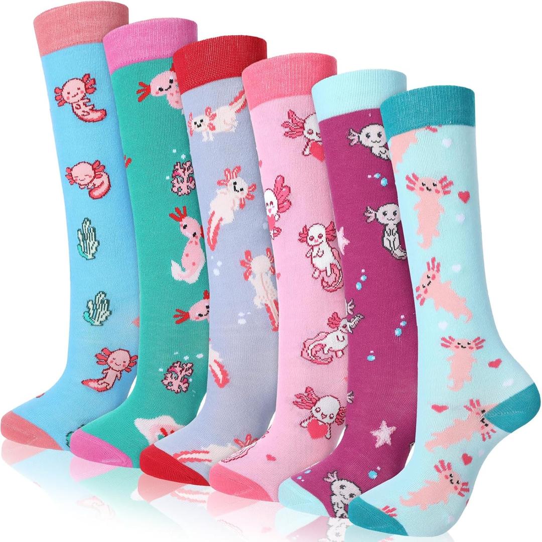 Fourluoo 6 Pairs Kids Girls Socks Cute Axolotl Mermaid Crew Socks Cotton Funny Novelty Dress Set Gifts for Kids Boys and Girl
