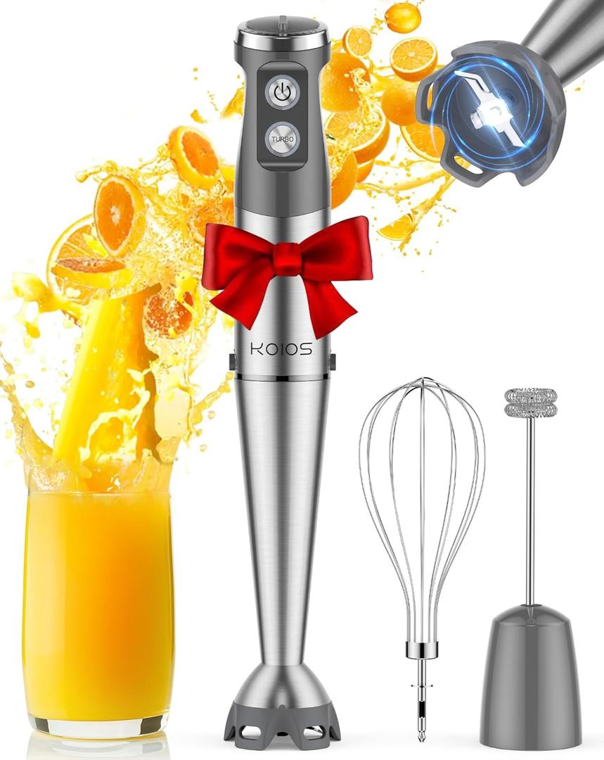 KOIOS Immersion Blender, 1000W Anti-scratch 3-in-1 Hand Blender, Upgraded 12 Speed Stainless Steel Blade Stick Blenders with Turbo Mode, Whisk and Milk Frother, Non-BPA, Silver