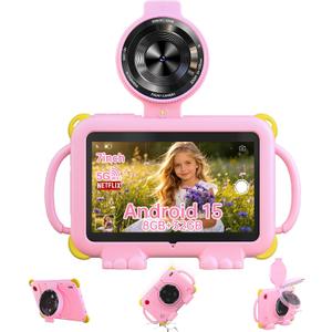 PEICHENG Tablet for Kids 7Inch IPS Display, (3+5GB) RAM+32GB ROM+1TB Expand, Shockproof Case with Handles, Parental Control, Educational Entertainment Apps, Dual Cameras (90 Rotatable Lens), Pink