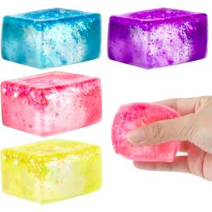 4 Pack Glitter Cube Fidget Toys, Soft Cube Sensory Squishy Fidget Toys Square Squeeze Stress Balls for Kids Adults Anxiety Stress Relief, Classroom Prizes, Birthday Gifts Party Favors