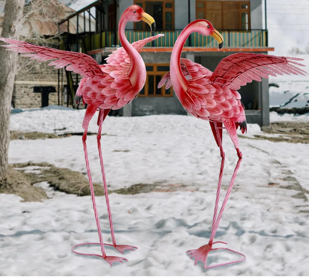 Pink Flamingo Yard Decorations, Tall Birds Garden Statues and Sculptures, Metal Lawn Art Ornaments for Outdoor Patio Backyard, Set of 2
