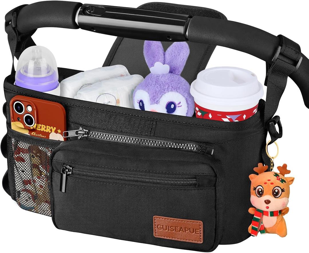 Guiseapue Universal Stroller Organizer with Cup Holder: Baby Essentials, Stroller Caddy Accessories with Detachable Phone Bag, Non-Slip Straps, Fits for Uppababy, Baby Jogger, New Moms Baby Gifts (Black)
