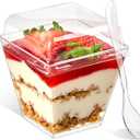 Qeirudu 50 Pack 7 oz Dessert Cups with PET Lids and Spoons, Mini Plastic Yogurt Parfait Cups Square Party Serving Cup for Banana Pudding, Appetizer, Fruit and Ice Cream