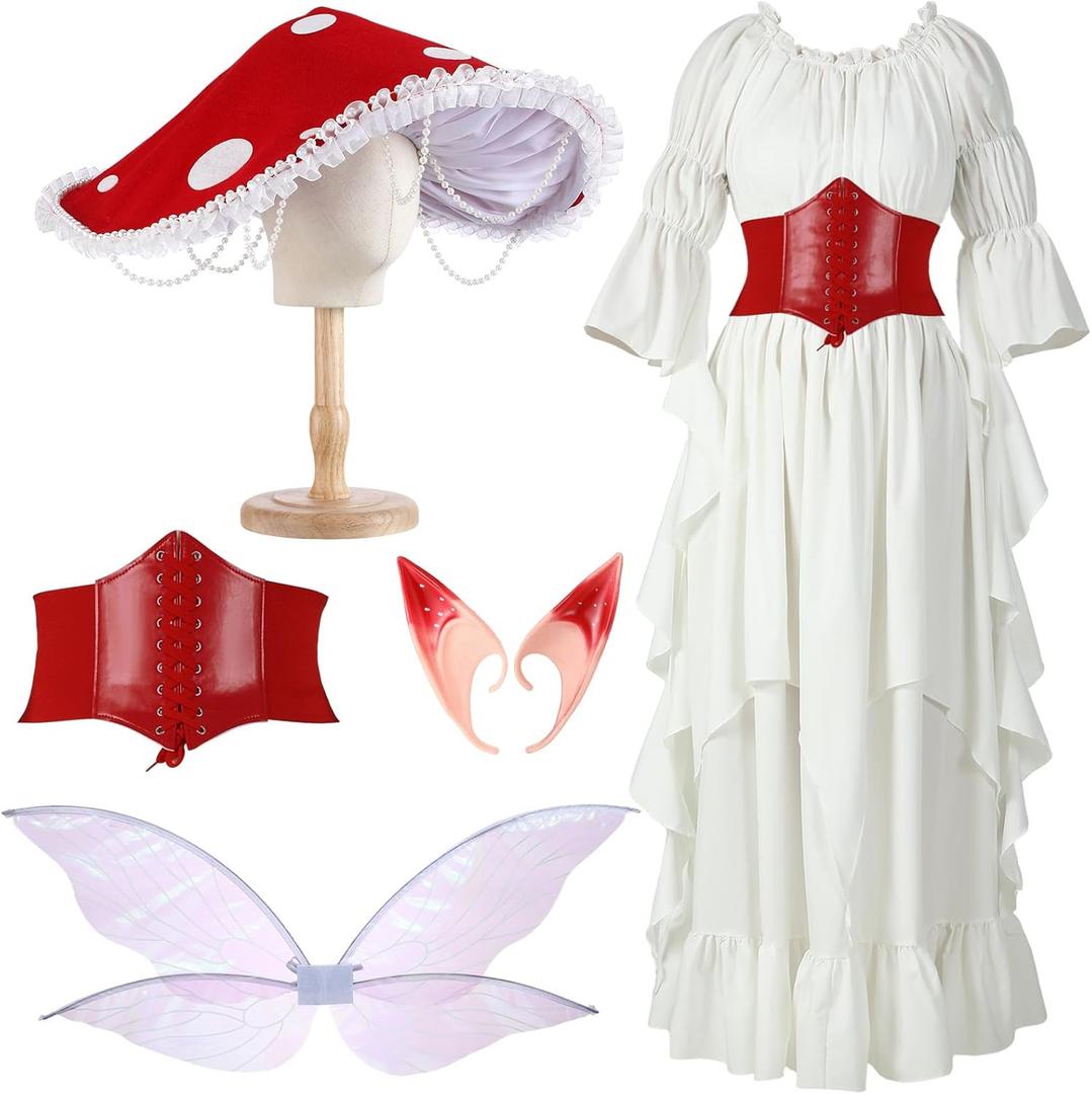 Mepase Halloween Renaissance Medieval Costume with Mushroom Hat Cinch Belt Fairy Elf Ear Butterfly Wings Costume for Cosplay (Small-Medium, Red)