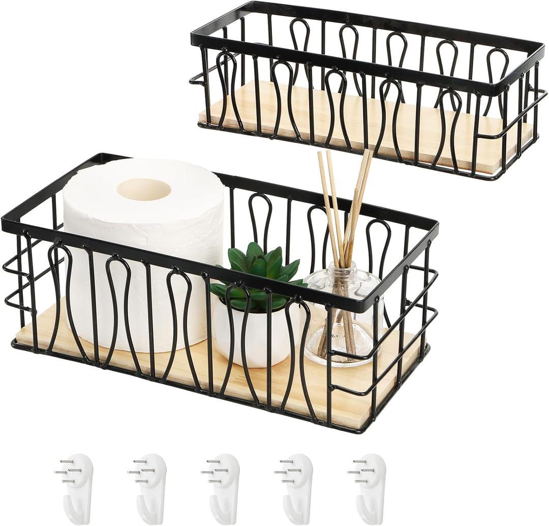 DEAYOU 2 Pack Small Metal Wire Basket, Wall Mounted Hanging Storage Bin with Wooden Base, Nesting Bathroom Organizer Tray for Toilet Paper, Napkin, Guest Towel, Kitchen, Pantry, 2 Size, 11" and 10"