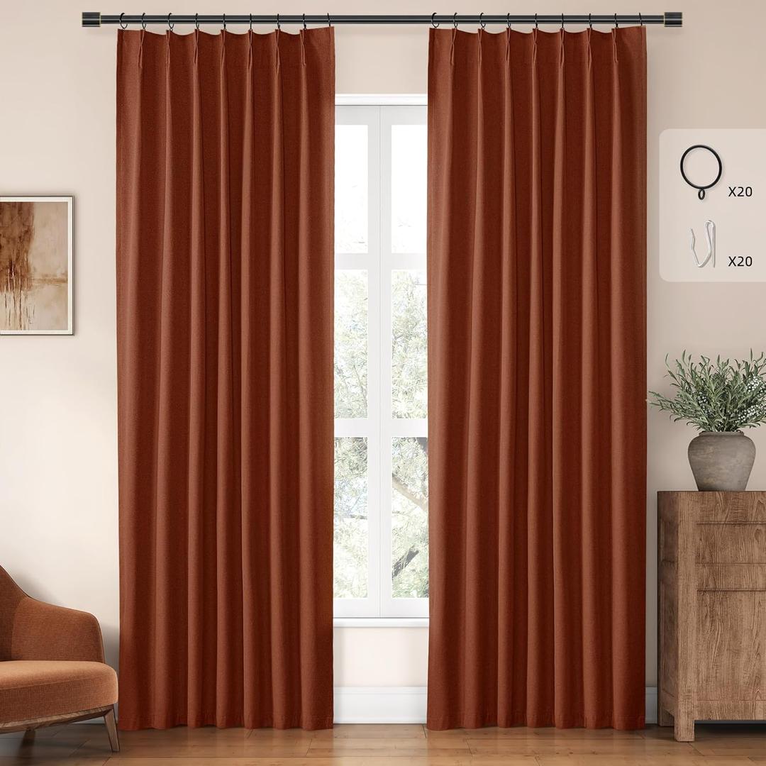 ChrisDowa Terracotta Pinch Pleated Blackout Linen Curtains 90 inches Long 2 Panels for Living Room Bedroom Farmhouse Room darking Thermal Insulated Back Tab Hooks Rings Window Treatment Drapes,40x90