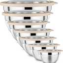 P&P CHEF Mixing Bowl with Lid Set of 7, Stainless Steel Nesting Salad Bowls for Cooking Serving Prepping, Clear Lids & Stackable Design, Size 4.6, 3.5, 3, 2, 1.5, 1, 0.7 Qt - Khaki