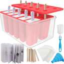Miaowoof Homemade Popsicle Molds, 10-Cav Non-BPA Silicone Ice Pop Maker, with 50 Sticks, 50 Bags, 10 Reusable Sticks, Funnel, Brush and Ice Pop Recipe (Red+Bin)