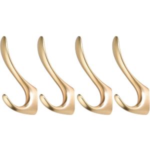 Gold Coat Hooks Wall Mounted, 4 Pack Gold Wall Hooks for Hanging Coats Robe Hats Bags Purses, Towel Hooks for Bathrooms Decorative Wall Hook Heavy Duty Double Hooks for Clothing (Brushed Gold 4 Pack)