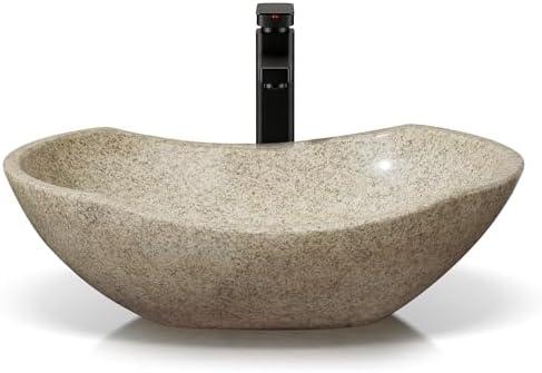Pufihoby Natural Stone Bathroom Vessel Sinks, Hand-carved Modern Rustic Bathroom Sinks, Canoe Shape Vessel Sink