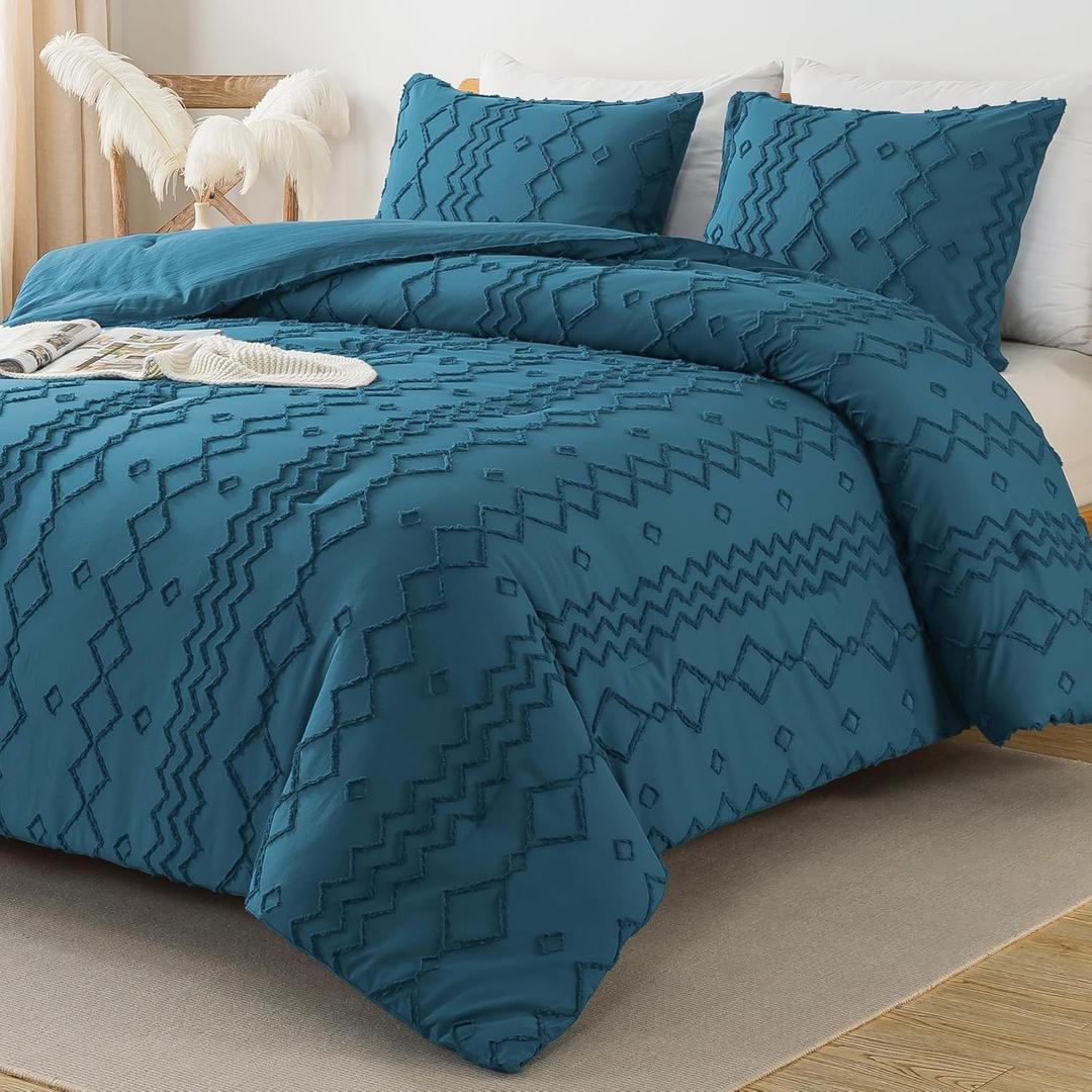 Andency Teal Tufted Comforter Set Full(79x90Inch), 3 Pieces(1 Boho Comforter, 2 Pillowcases) Textured Farmhouse Bed Set, Soft Microfiber Down Alternative Geometric Bedding