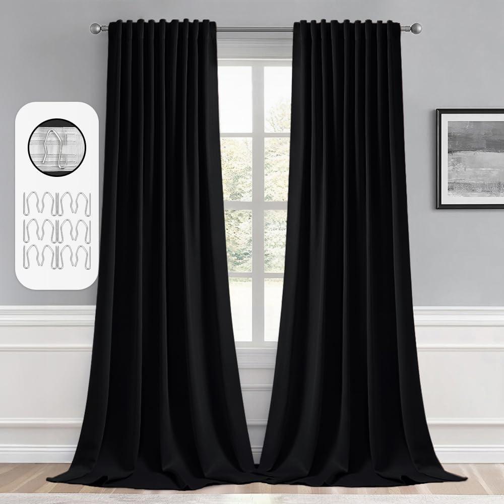 MIULEE 2 Panels Back Tab Blackout Curtains 96 Inch Long for Living Room Bedroom, Halloween Black Rod Pocket/Pinch Pleated Thermal Insulated Room Darkening Light Blocking Floor to Ceiling Curtain/Drape