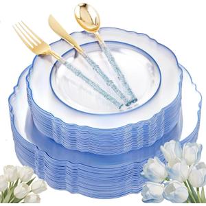 Liacere 150PCS Clear and Blue Plastic Plates-Clear and Blue Disposable Plates with Glitter Bamboo Handle Cutlery-60 Baroque Elegant Plates, 30 Forks, 30 Spoons, 30 Knives for Wedding&Party&Mothers Day