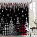 Merry Christmas Tree Shower Curtain Winter Forest Snowflake Pine Red Buffalo Plaid Xmas Trees Farmhouse New Year Holiday Black Bathroom Decor Set Polyester Fabric with Hooks 70X70 Inch