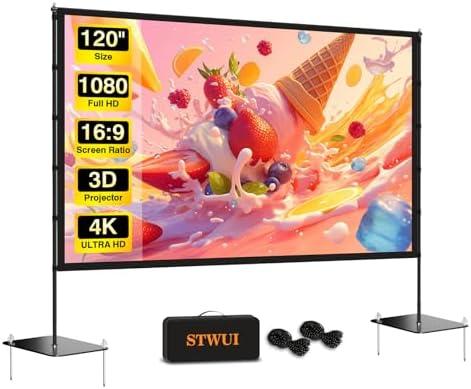 STWUI Outdoor-Projector-Screen-with-Stand - 120 inch Portable Projector Screen Indoor Outdoor Projector Screens 16:9 4K HD Lightweight Movie Screen with Carry Bag for Backyard Movie Night