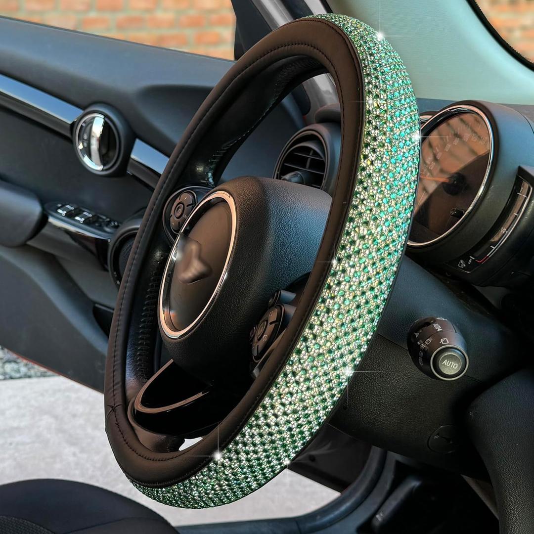 PINCTROT Large Size Bling Comfy Steering Wheel Cover with Jumbo Crystal Rhinestones, Anti-Slip Diamond Leather, 15.5-15.75 Inch (Light Green)
