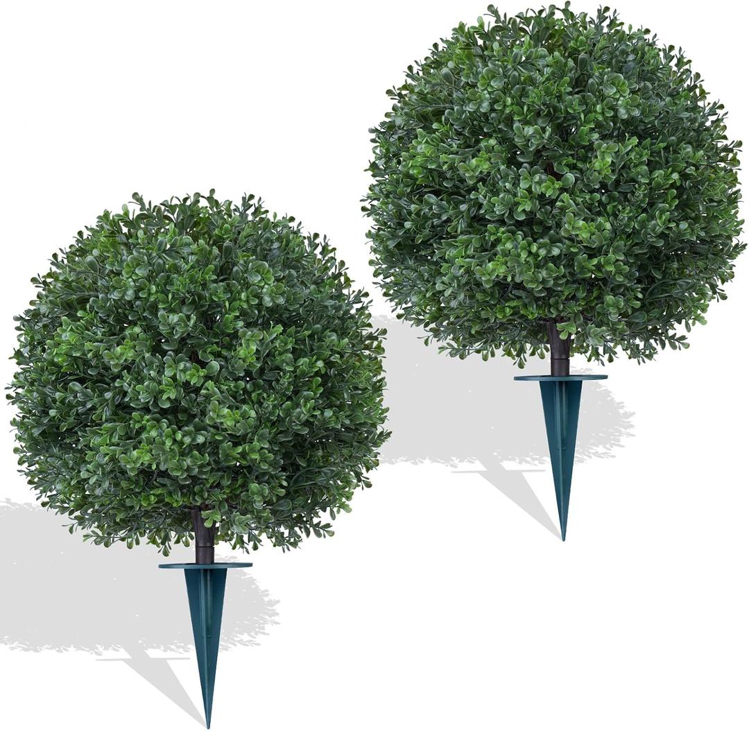 Yangrass 2Pcs Artificial Boxwood Topiary Ball Tree, UV Resistant Artificial Outdoor Shrubs with Spike, Decorative Evergreen Fake Topiary Bushes Plant for Front Porch Garden