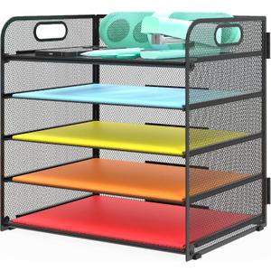 Letter Tray Paper Organizer 5-Tier Desk Organizer File Organizer Paper Holder with Handle, Metal Desktop Document Shelf Tray Office Classroom Organization - Black