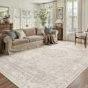 PureCozy Beige 6x9 Area Rug Washable Vintage Carpet for Living Room Bedroom Large Soft Retro Floral Low Pile Thin Indoor Rug Non Slip Central Medallion Floor Cover for Dining Room Office