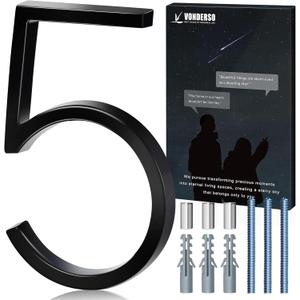 VONDERSO 6 Inch Floating House Numbers for Outside,Modern Black Metal Address Number 5,Durable Weather-Resistant Powder Coated Finish,No Fading(Glossy Black)