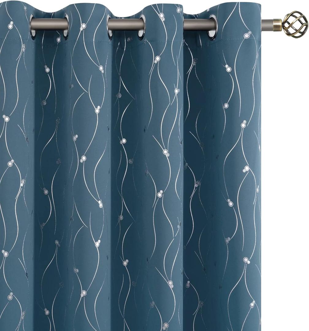BGment Room Darkening Curtains 84 Inches Long, Grommet Thermal Insulated Blackout Curtains with Wave Line and Dots Printed for Bedroom, 2 Panels, Each 52 x 84 Inch, Steel Blue