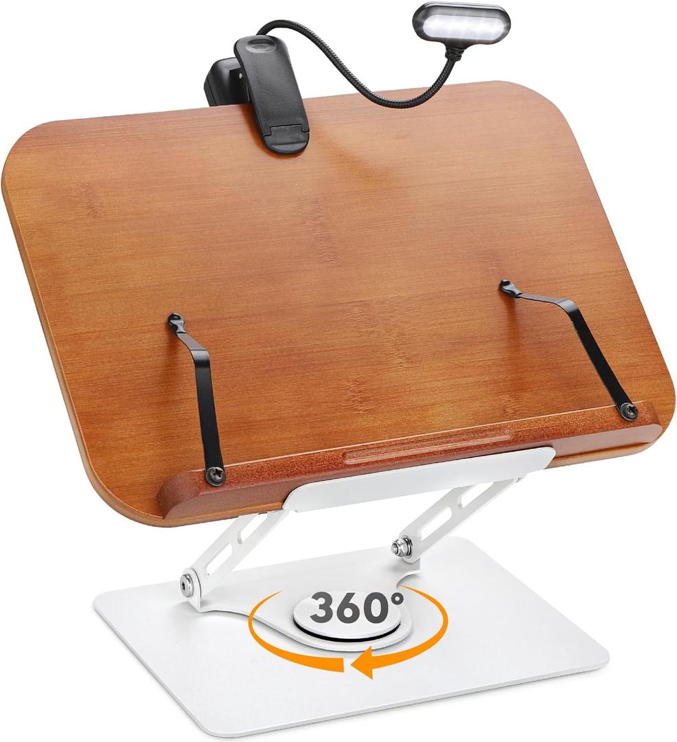 Book Stand for Reading with 360 Rotating Base, Adjustable Book Holder Cookbook Stand for Desk with Book Light, Foldable Desktop Stand for Textbook, Recipe, Sheet Music, Laptop (Medium)