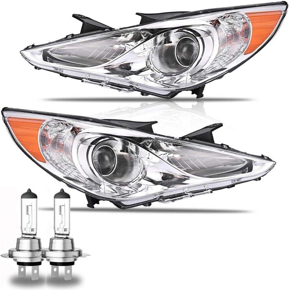 Headlights Assembly for 2011-2014 Hyundai Sonata(Not for Hybrid), Passenger & Driver Side Halogen Headlamp with Bulbs Clear Lens Black Housing Amber Reflector, 1 Pair, OEM# 92101-3Q000