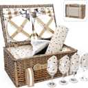 Willow Picnic Basket Set for 4 Persons with Large Insulated Cooler Bag and Waterproof Picnic Blanket,Wicker Picnic Hamper for Camping,Outdoor,Valentine Day,Chirtmas,Thanks Giving,Birthday. (16x12x7.5inch, Beige Flower)
