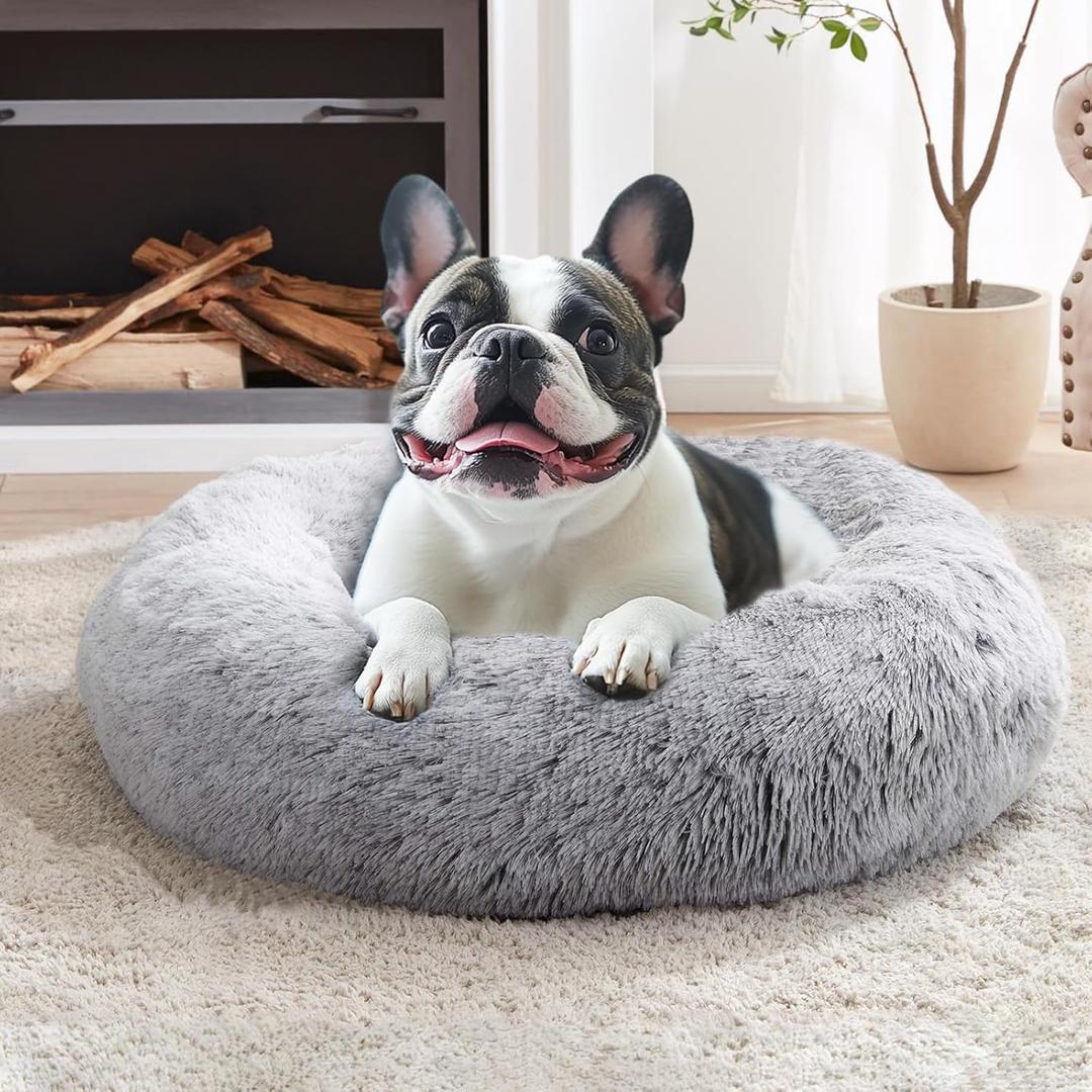 JOLLYVOGUE Calming Dog & Cat Bed for Small Dogs, Anti-Anxiety Donut Cuddler Cozy Soft Round Bed with Anti-Slip Bottom, Fluffy Faux Fur Plush Cushion Beds for Small Medium Dogs, 23"/Smoke Gray (23.0"L x 23.0"W x 8.0"Th, Smoke Grey)