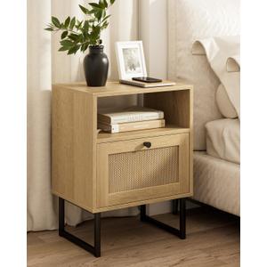 Masupu Extra Large Rattan Nightstand,Modern Boho Farmhouse Wood Bedside Table with Storage Drawer and Open Shelf, Black Frame Side End Table for Bedroom,Living Room,Office (Natural)