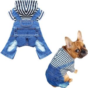 Small Dog Hoodie Clothes Cute Stripe Shirts Denim Jumpsuit One-Piece Outfit for Small Medium Dogs Cats Boy Girl Chihuahua Blue Jeans Overalls Puppy Costume (Blue,XL)