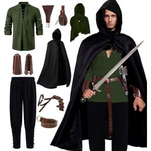 Akokvlar 10 Pcs Men Renaissance Costume Medieval Pirate Shirt Ankle Banded Pants Viking Outfit Set (Medium, Amy Green)
