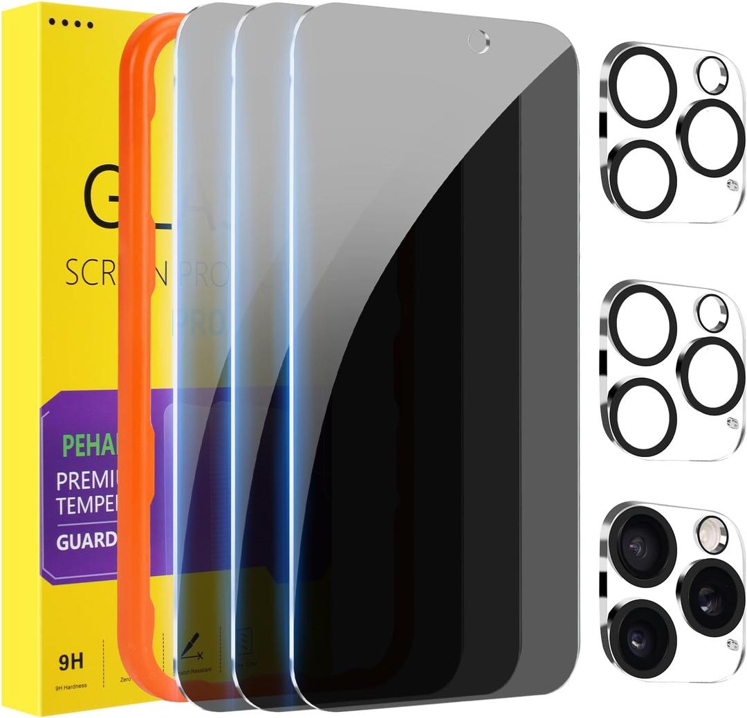 PEHAEL 3+3 Pack for iPhone 16 Pro Privacy Screen Protector with Camera Lens Protector Full Coverage Anti-Spy Tempered Glass Film 9H Hardness Easy Installation Bubble Free [6.3 inch]