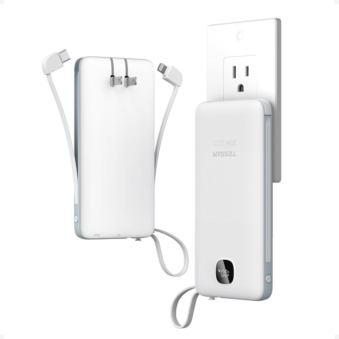 Portable Charger with Built in Cables,TESSAN 10000mAh Power Bank Fast Charging with Foldable Wall Plug Charger, PD20W Compact Battery Pack Travel Essentials for iPhone 17/16/15 Series,Samsung,Tablets