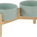 Ceramic 6.1inch Raised Dog Bowl with Stand for Small and Medium Breed Dog Dish Pet Food and Water Bowl (Double Bowl with Stand - Light Green, 28oz)