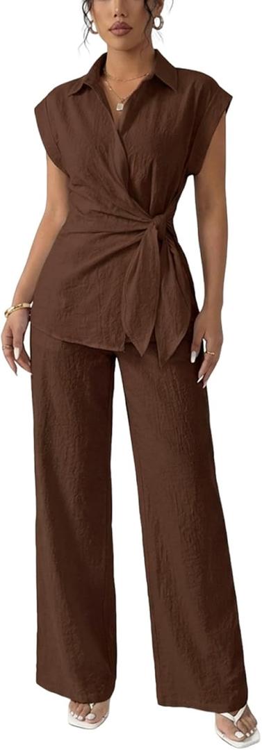 Women's Going Out Two Piece Sets Cap Sleeve Tie Waist Button Down Shirt Wide Leg Pants Dressy Casual Outfits (Brown, M)