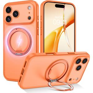 DOMAVER for iPhone 17 Pro Max Case 2025 New Released, with 360 Spin Magnetic Stand [Compatible with Magsafe], [Full Camera Protection] Translucent Shockproof Cover for iPhone 17 Pro Max 6.9", Orange