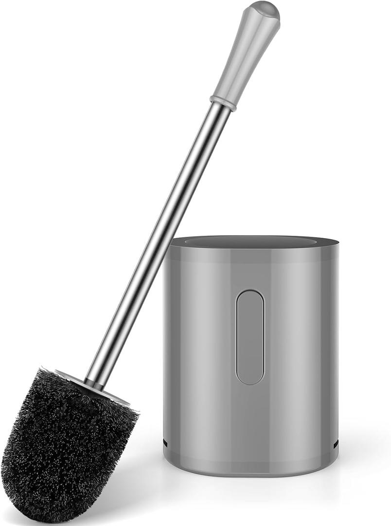 Toilet Brush and Holder Set, with Stainless Steel Handle Toilet Bowl Brush, Compact Toilet Scrubber Brush for Deep Cleaning Bathroom Restroom, Easy to Assemble-Grey (1 Pack, Gray)