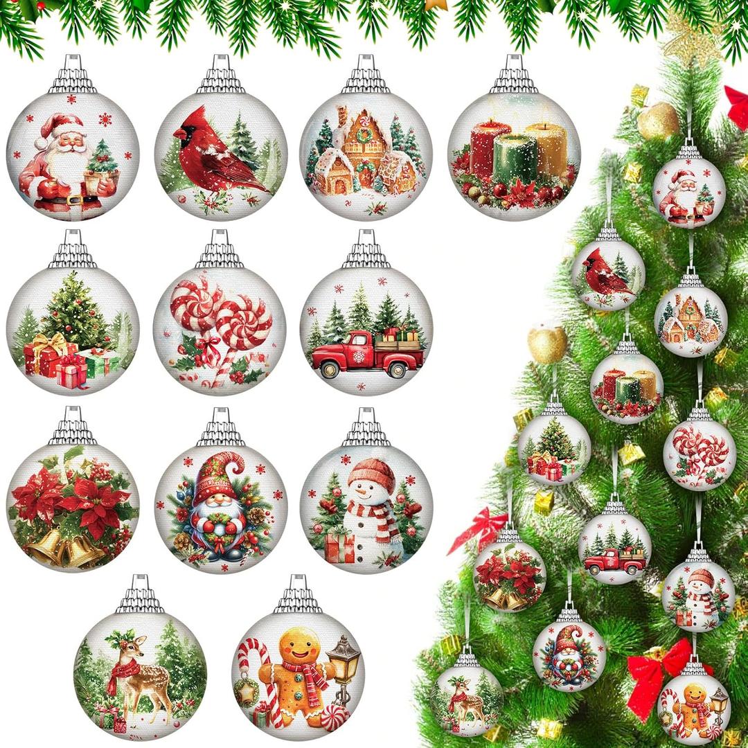 Giegxin 24 Pcs Christmas Ball Ornaments for Tree Fabric Balls Xmas Ornament Santa Claus Snowman Gnomes Printing Decorative Pendant Gifts for Holiday Christmas Winter Decorations Home