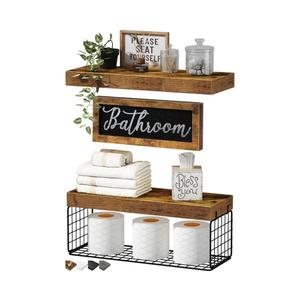 QEEIG ‎Bathroom Shelves Over Toilet - Paper Storage Wall Mounted Farmhouse Decor Decorations Aesthetic Décor Sign Small Floating Shelf 2+1 Set 16 inch, Rustic Brown (020BN)