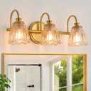 Bathroom Light Fixtures (3-Light), Vintage Brushed Gold Vanity Lights for Bathroom with Amber Tulip Crystal Glass Shade, Vanity Wall Light Over Mirror for Bedroom Living Room Hallway