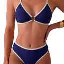 Tainehs Women's Two Piece Bikini Sets O Ring Front Top Ditsy Floral Triangle Swimsuits Cheeky Bathing Suit Navy Blue, M