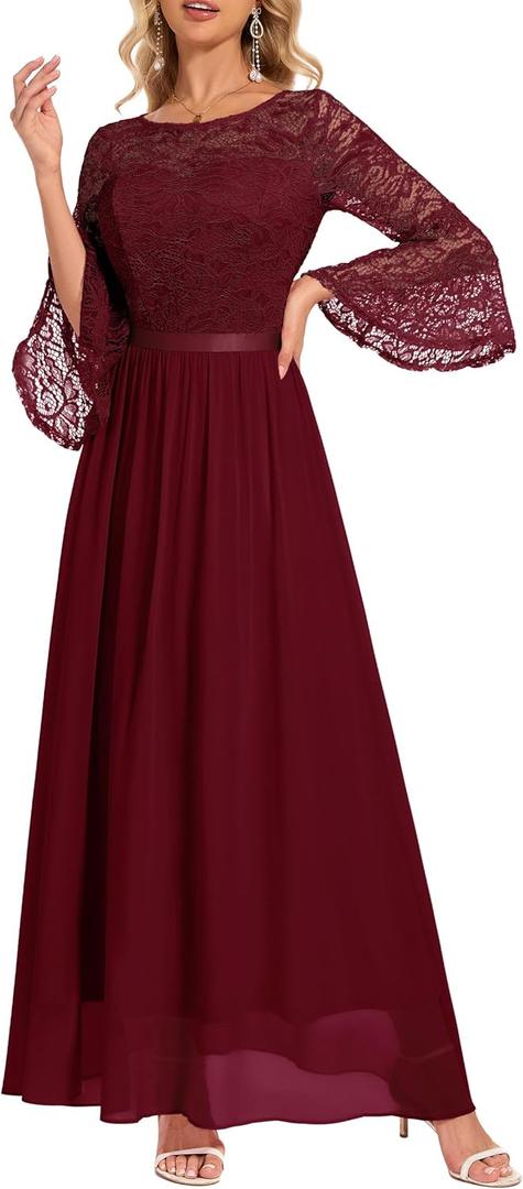 Wedtrend Women's Formal Dresses 2025 Wedding Guest Dress Bell Sleeve Bridesmaid Dresses Maxi Evening Dress (Burgundy)