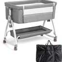 JOYMOR 3 in 1 Baby Bassinet, Bedside Bassinet for Baby, with Comfy Mattress and Wheels, 6 Height Adjustable Easy Folding Portable Bedside Crib for Newborn (Gray)