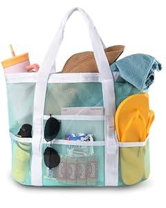 Genteen Mesh Beach Bag,Large Beach Totes for women Large Foldable Mesh Swimming Pool & Vacation Essentials Bag (Green White)