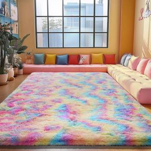 Rainbow Area Rugs for Girls Bedroom, 9x12 Fluffy Fuzzy Shaggy Carpet for Kids Playroom Nursery Living Room, Thick Soft Plush Mat for Kids Baby Boys Teen Dorm Home Decor Aesthetic